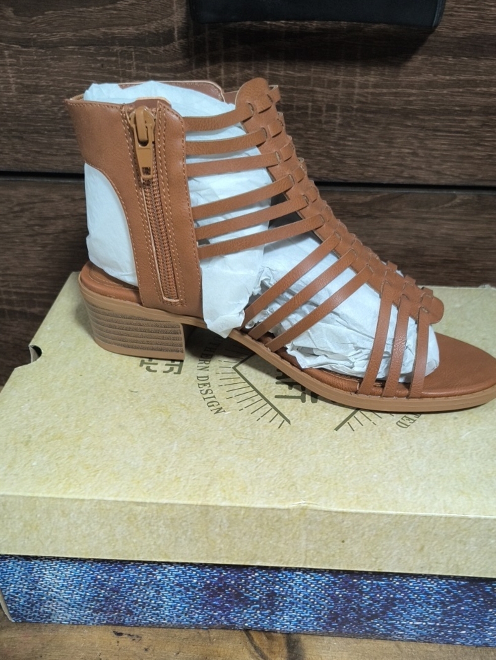True Craft Tan Strappy Gladiator Sandals with Side Zipper